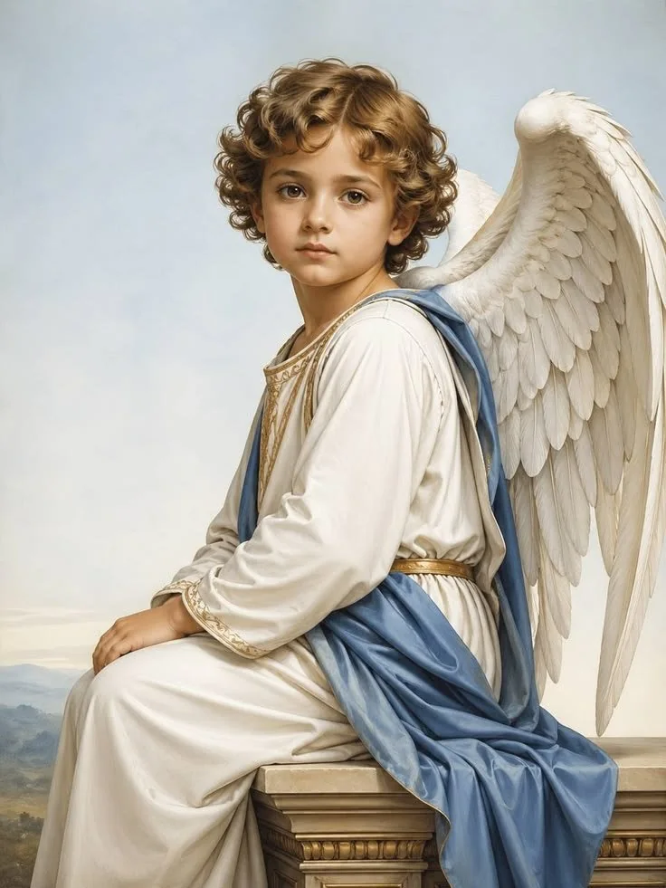 Ángel de la Guarda · un ángel con rostro de niño, túnica blanca y manto azul, sentado con las alas desplegadas