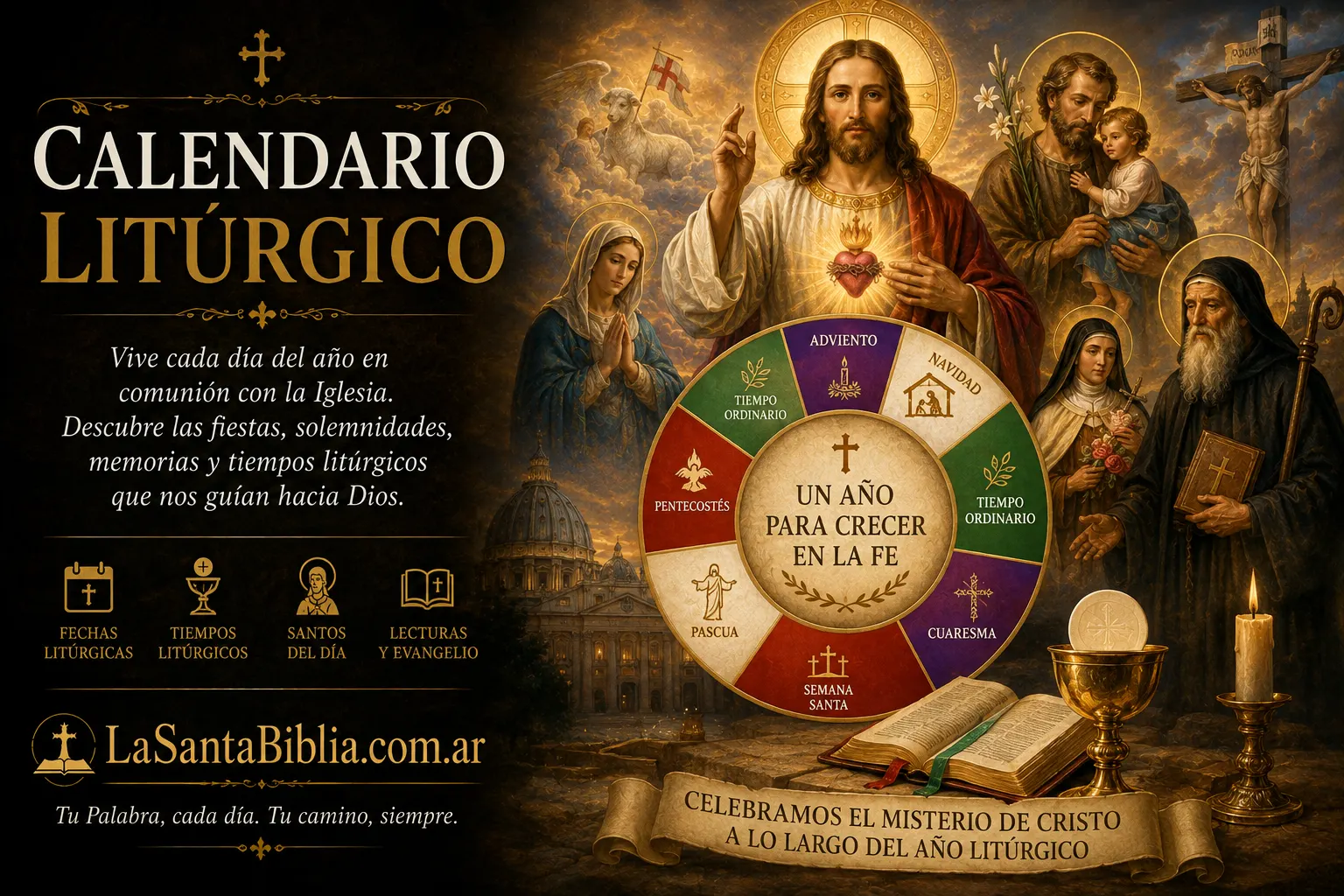 Calendario Litúrgico · el año de la Iglesia, mes a mes · Cristo, la Virgen, los santos y los tiempos litúrgicos