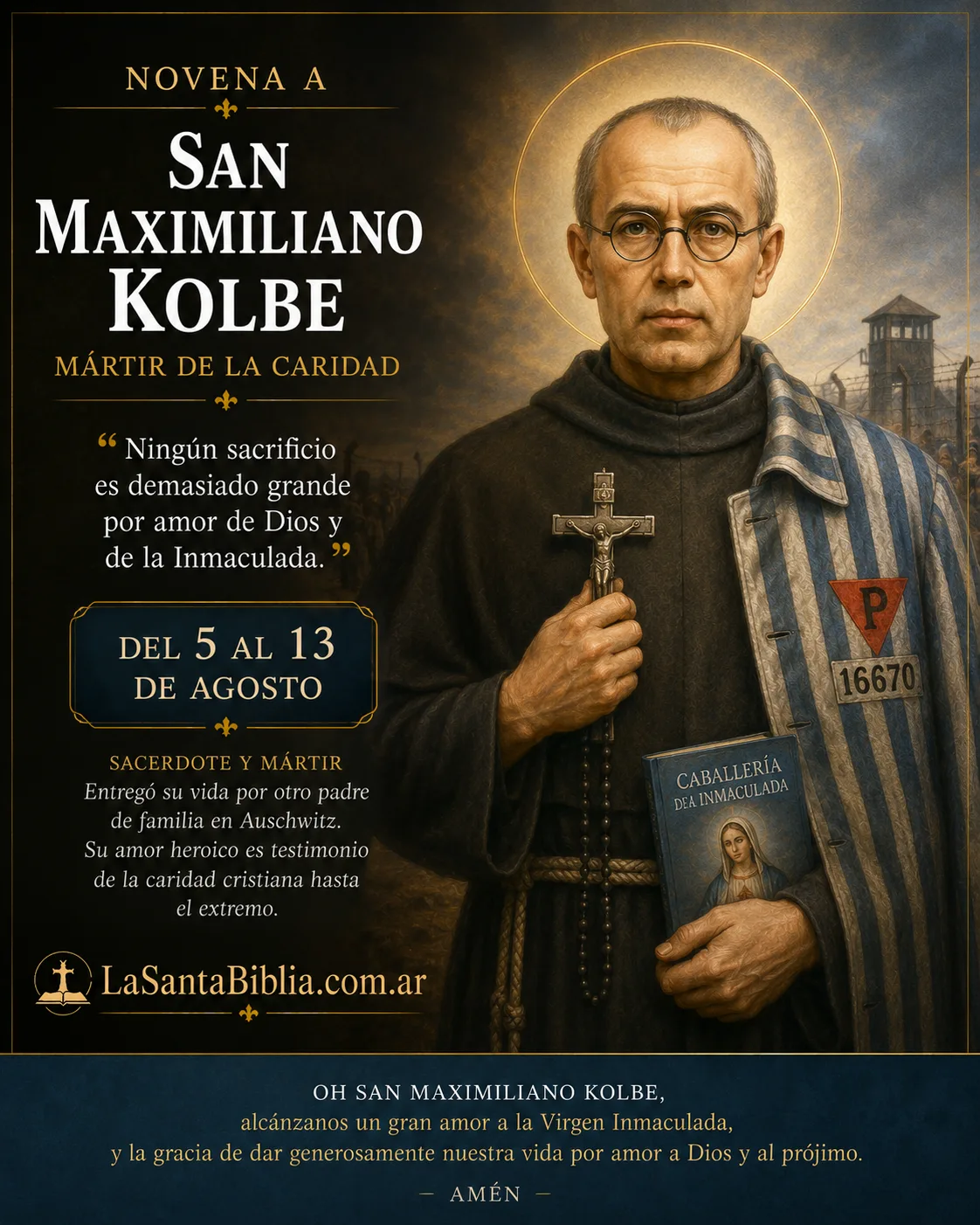 San Maximiliano Kolbe · sacerdote franciscano y mártir de Auschwitz · con el crucifijo y el hábito franciscano