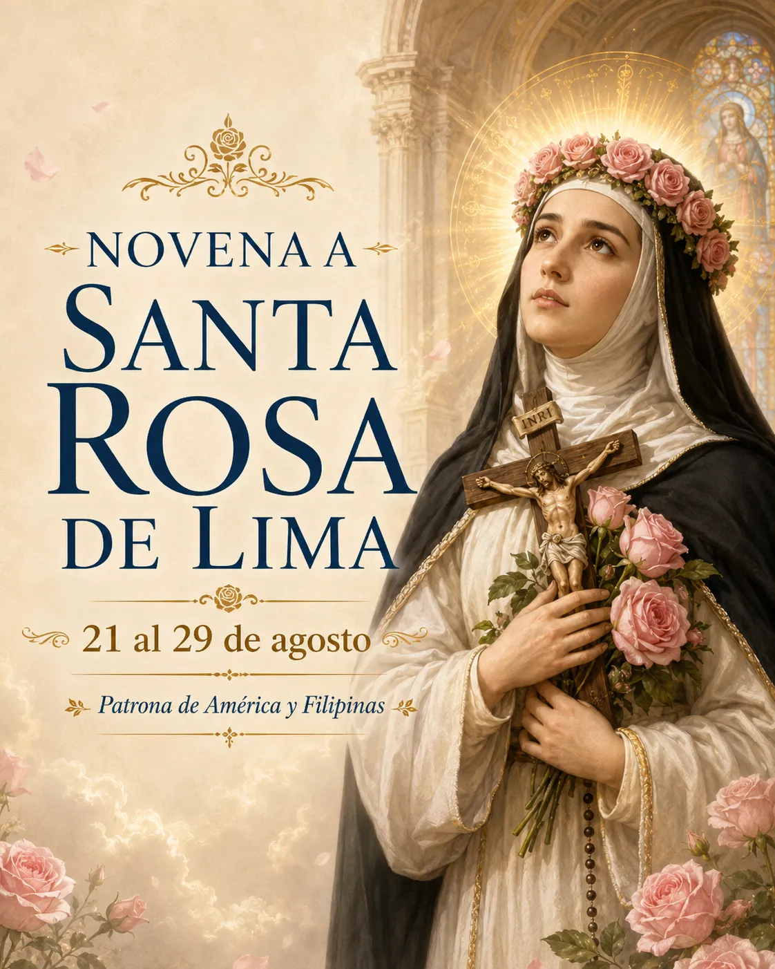 Santa Rosa de Lima · con el hábito dominico, corona de rosas y el crucifijo entre los brazos