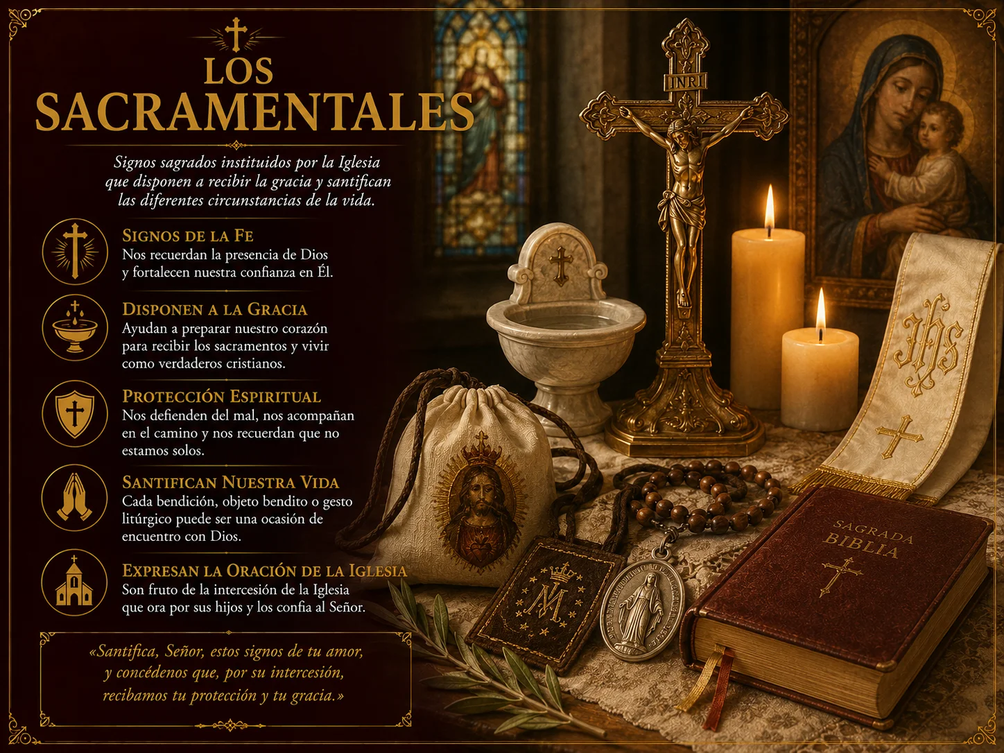 Los Sacramentales · signos sagrados de la Iglesia · agua bendita · medallas · escapularios