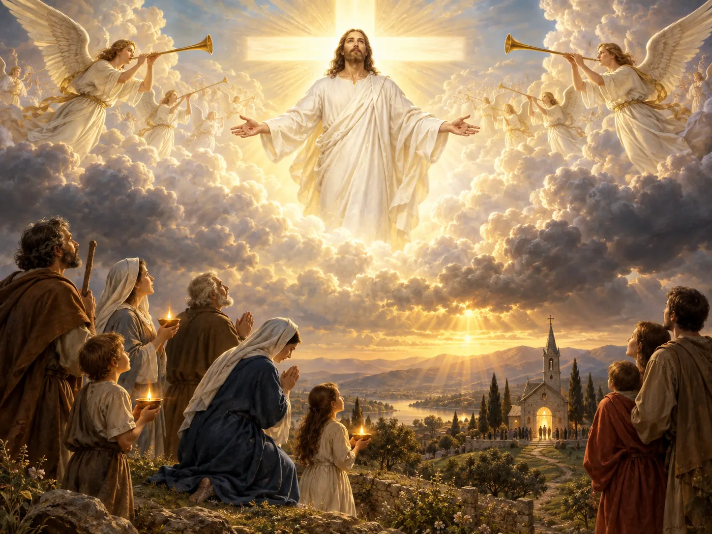 Cristo viene sobre las nubes con poder y gloria, con una cruz de luz detrás y ángeles con trompetas · abajo, al amanecer, fieles con lámparas encendidas lo esperan