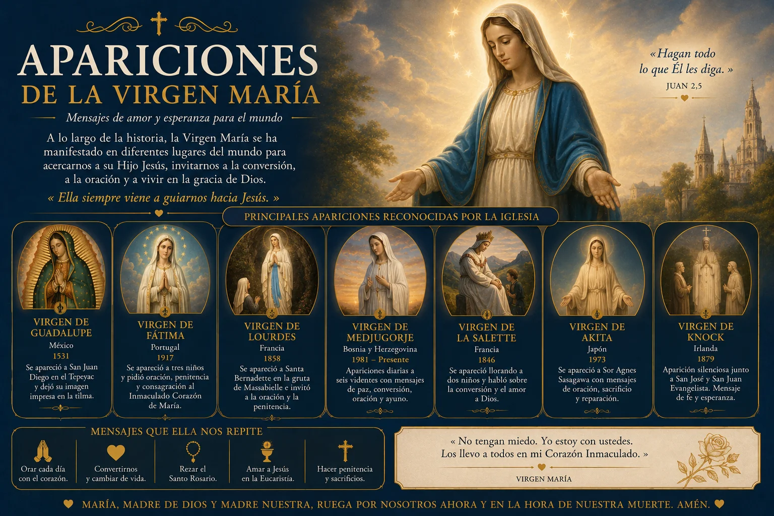 Apariciones marianas · Lourdes, Fátima, Guadalupe