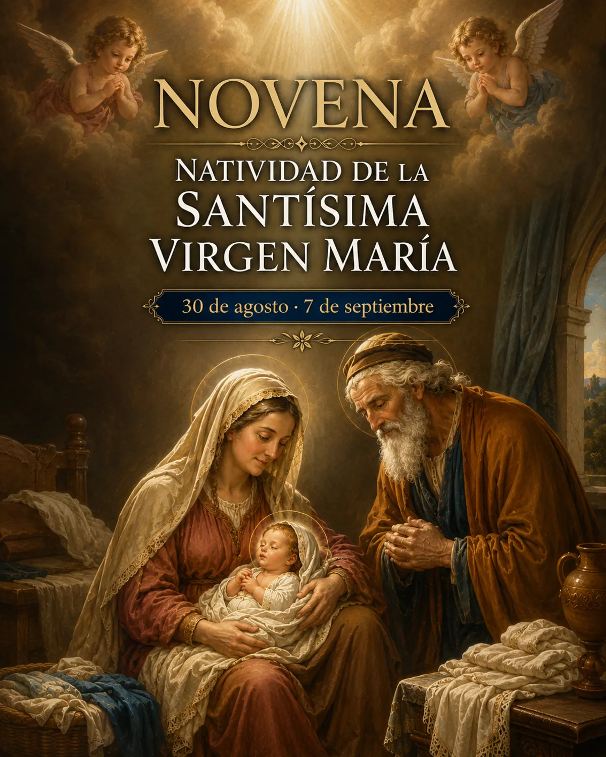 La Natividad de la Santísima Virgen María · la niña María en brazos, rodeada de luz de amanecer