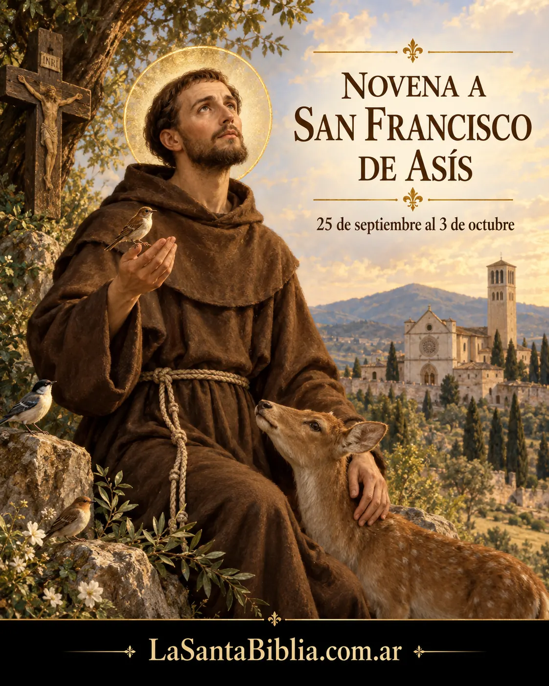 San Francisco de Asís con el hábito pardo y el cordón, un pájaro en la mano y un ciervo a su lado · detrás, un crucifijo en el árbol y la Basílica de Asís