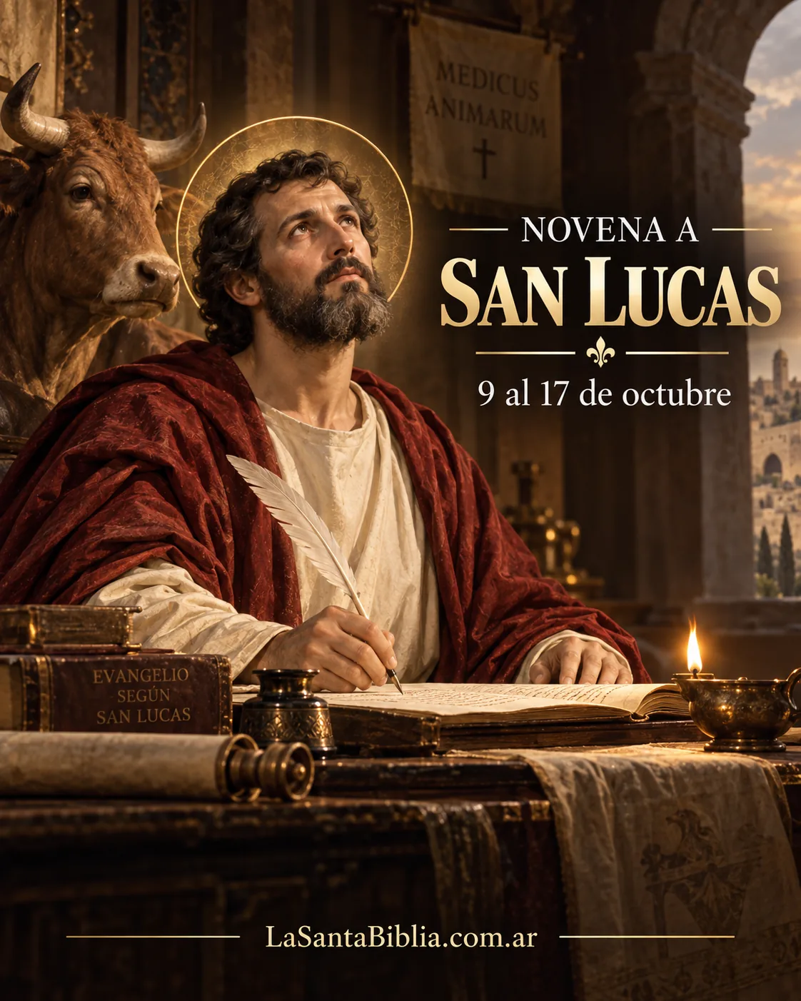 San Lucas escribiendo su Evangelio sobre un rollo, con el buey a su lado y los instrumentos de médico sobre la mesa