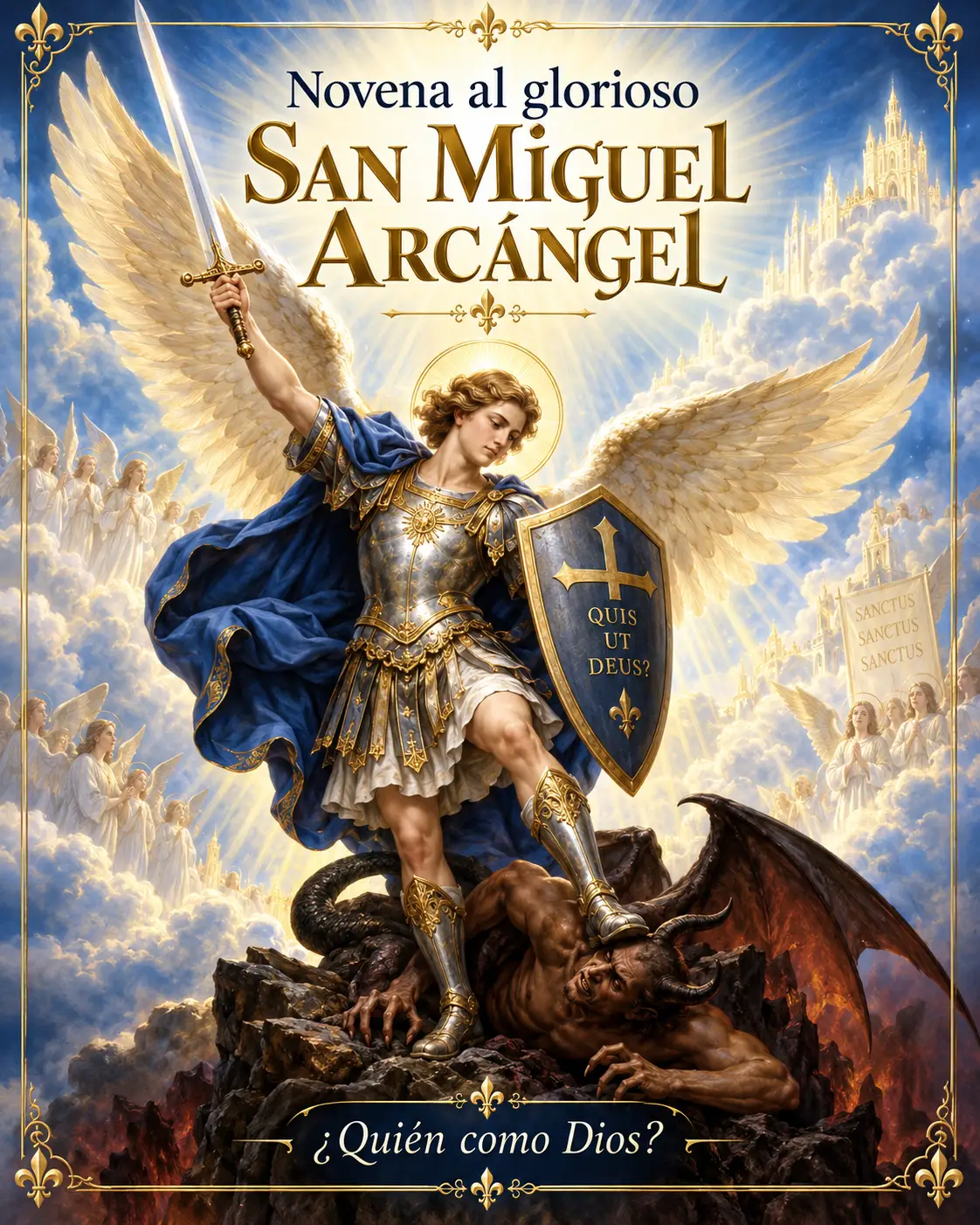 San Miguel Arcángel con la espada en alto y el escudo que lleva escrito «Quis ut Deus?», de pie sobre el demonio vencido · detrás, los coros angélicos y el estandarte «Sanctus, Sanctus, Sanctus»