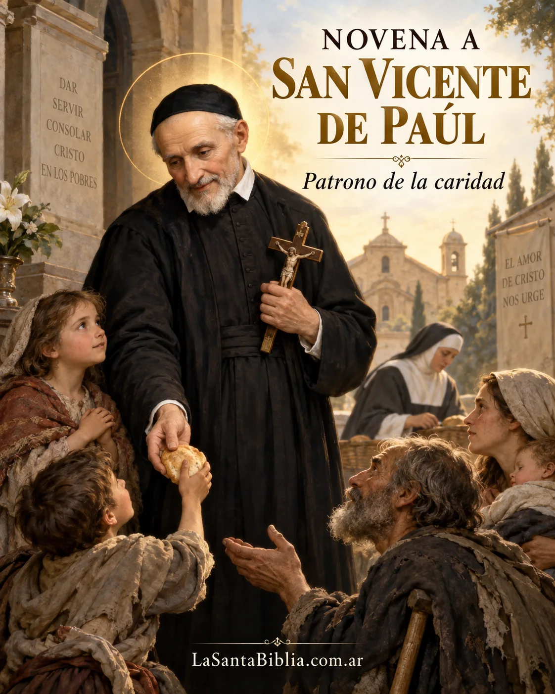 San Vicente de Paúl, sacerdote anciano de sotana negra con un crucifijo en la mano, da pan a unos niños pobres · detrás, una Hija de la Caridad atiende a los necesitados