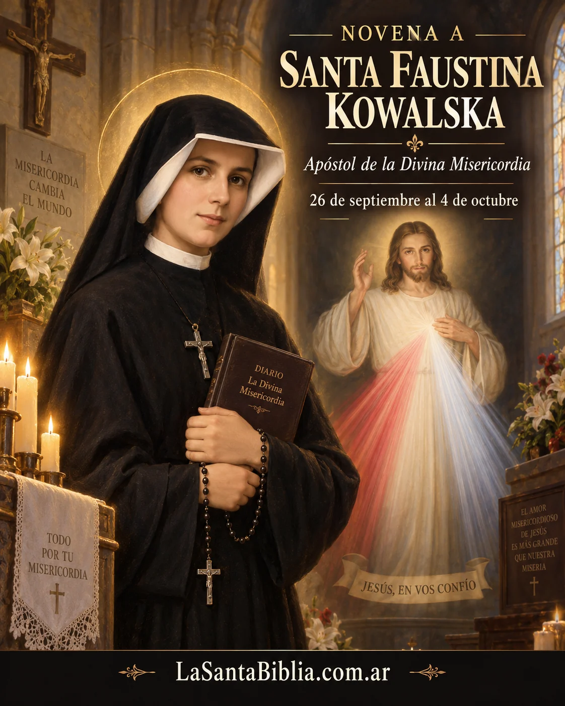 Santa Faustina Kowalska con el hábito de su congregación, escribiendo su Diario · detrás, la imagen de Jesús de la Divina Misericordia con los dos rayos