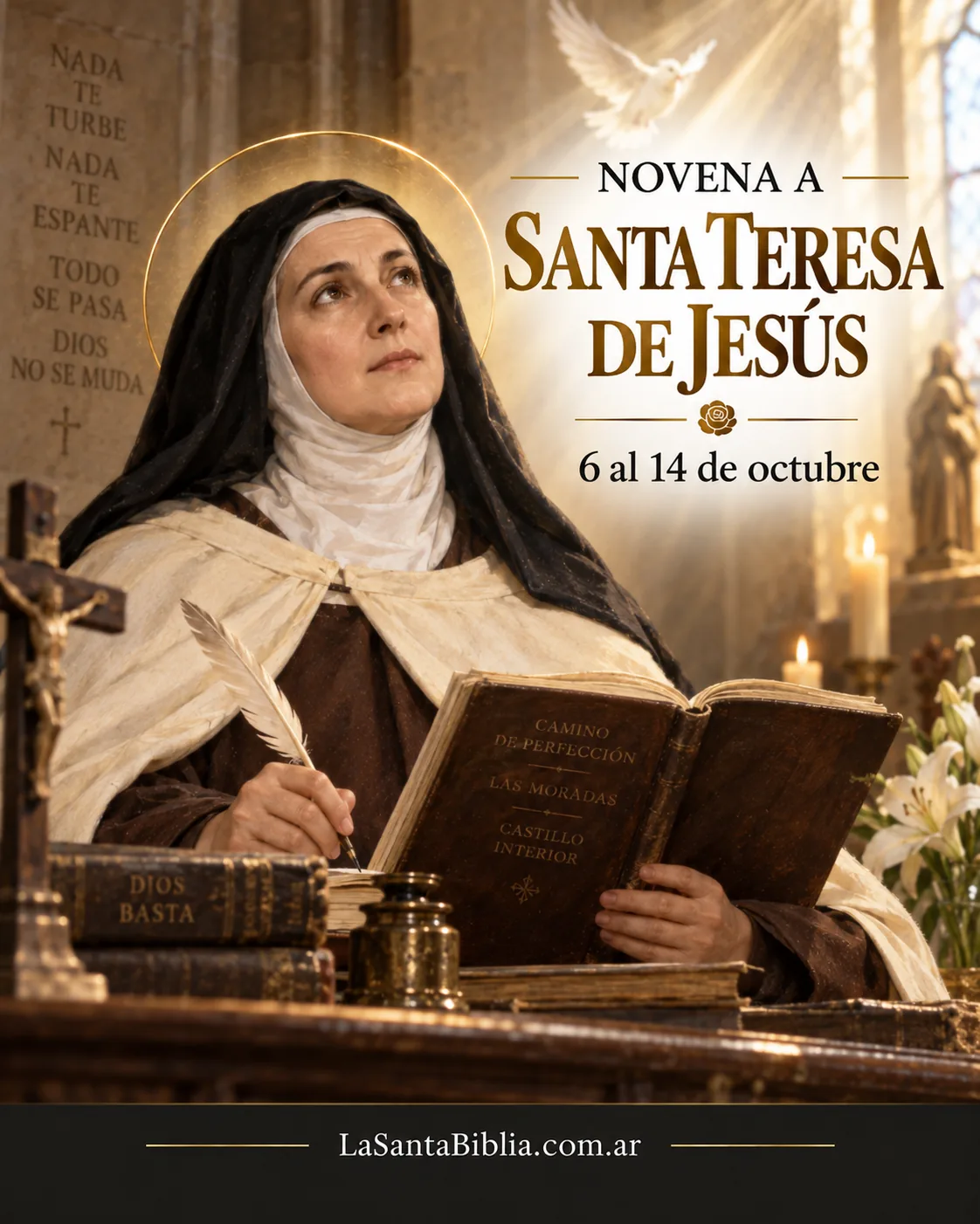 Santa Teresa de Jesús con el hábito carmelita y la pluma en la mano, escribiendo ante el crucifijo