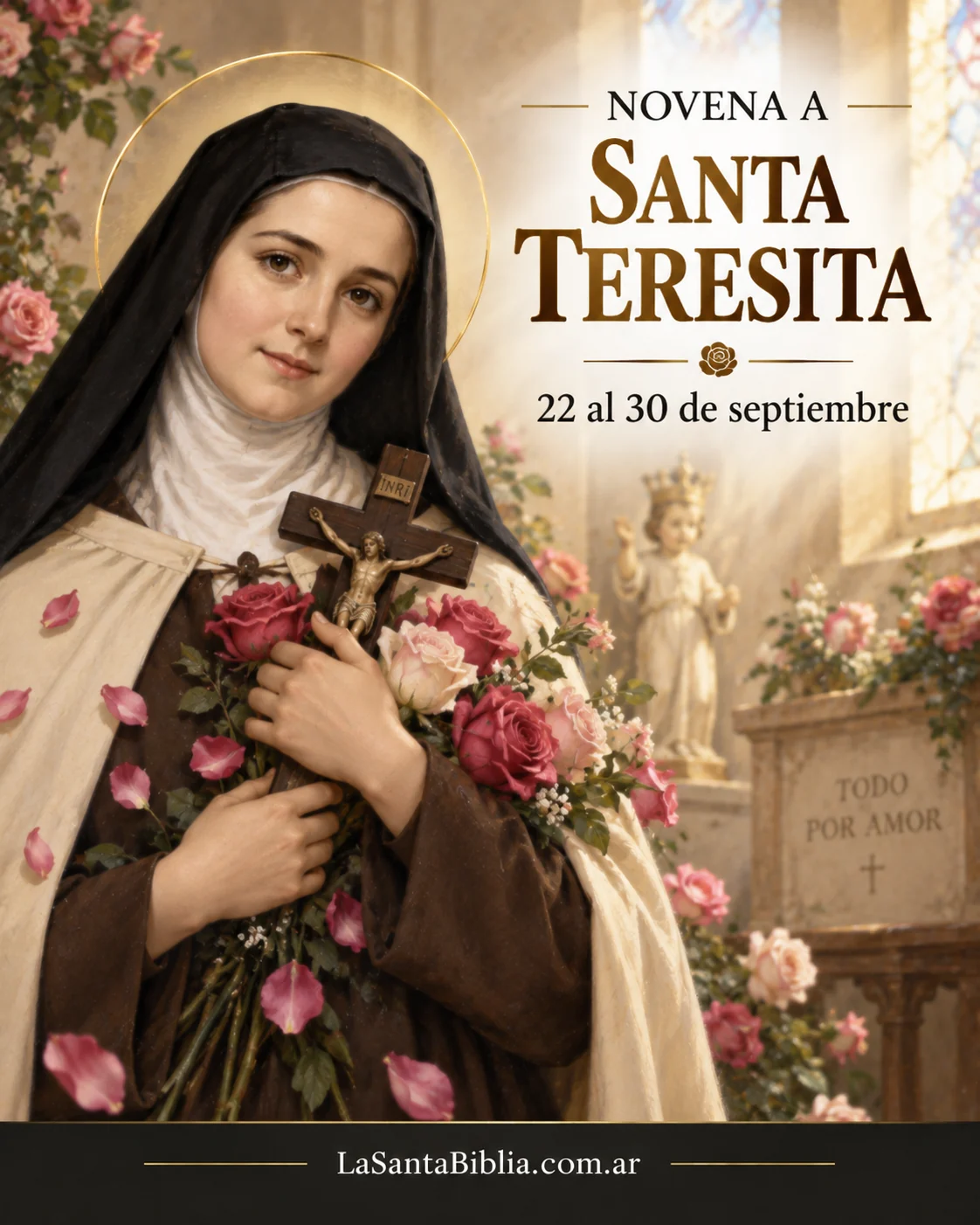 Santa Teresita con hábito carmelita y capa blanca abraza un crucifijo y un ramo de rosas · detrás, una imagen del Niño Jesús