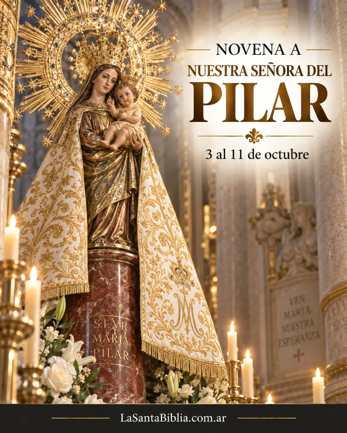 Nuestra Señora del Pilar sobre la columna de jaspe, con el Niño en brazos y el manto bordado, en su santuario de Zaragoza