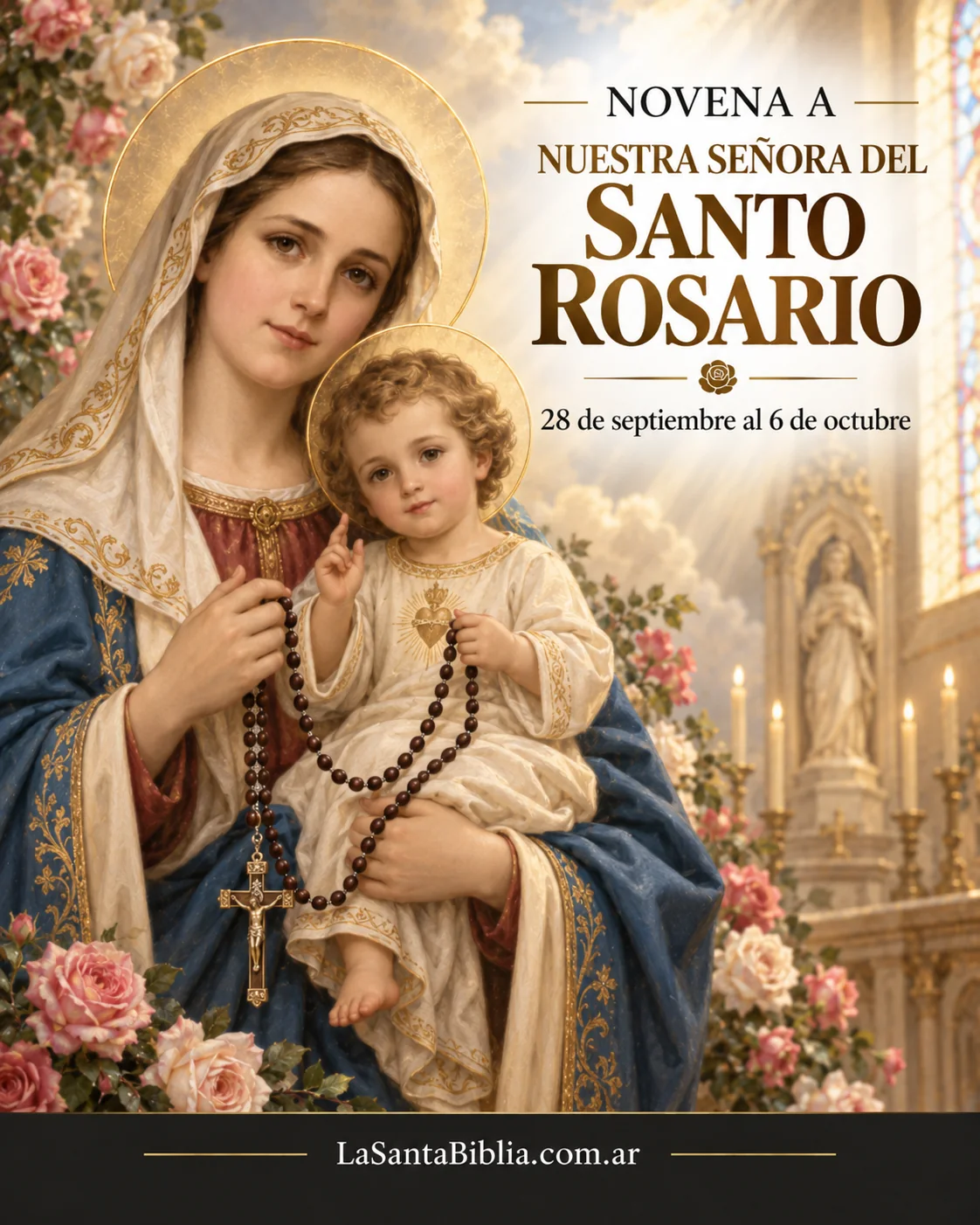 Nuestra Señora del Santo Rosario con el Niño en brazos, entregando el rosario · imagen de la advocación que se celebra el 7 de octubre